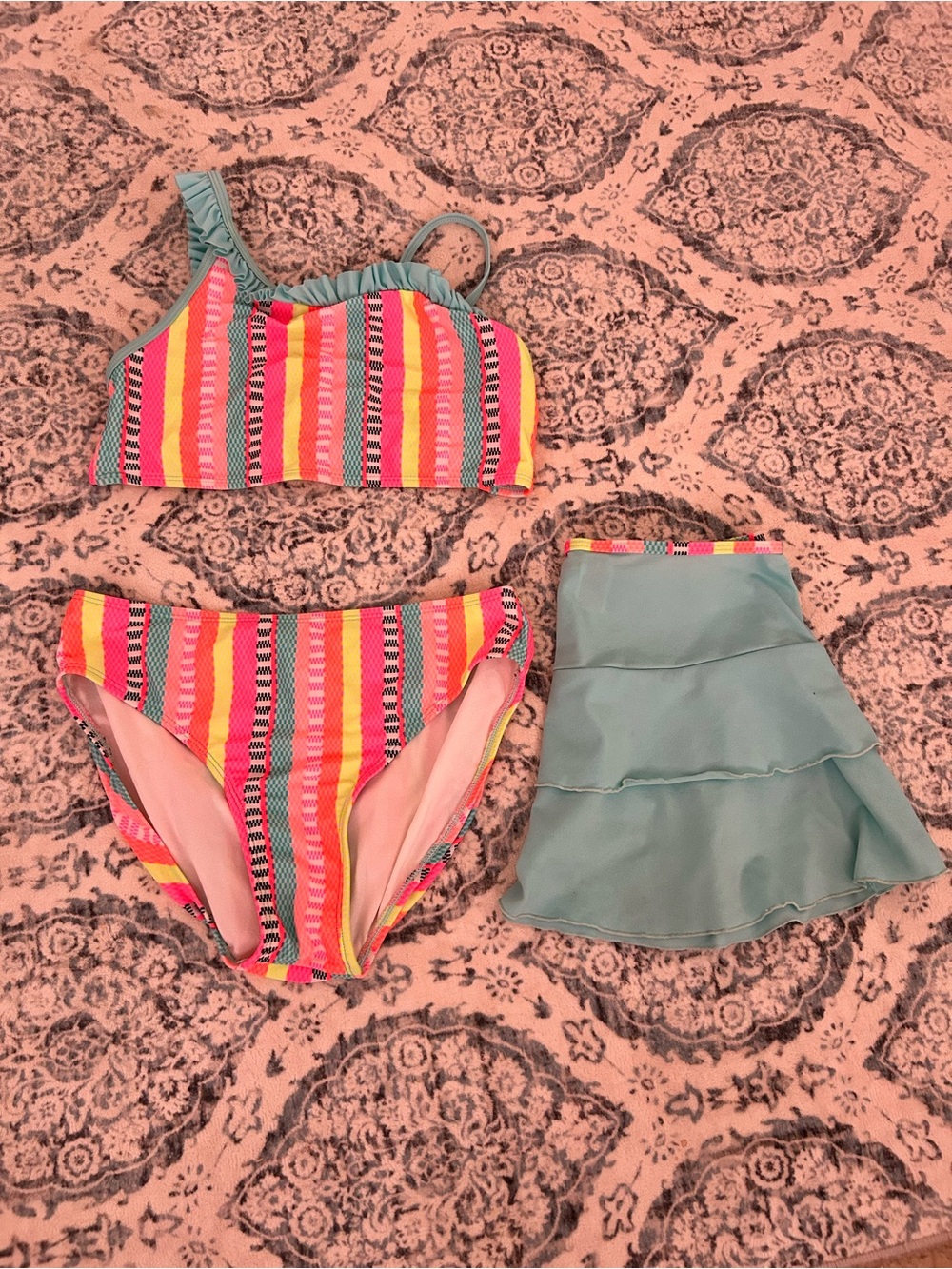 wild fable Girls' Striped Pink Yellow Coral Bikini Set with Seafoam Skirt